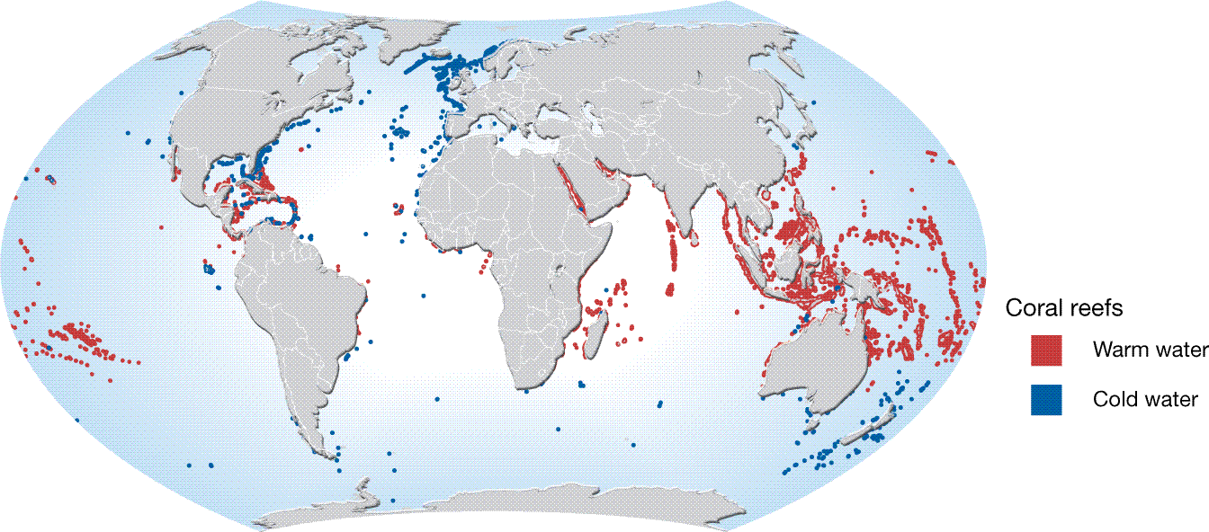 Distribution of coldwater and tropical coral reefs [7]